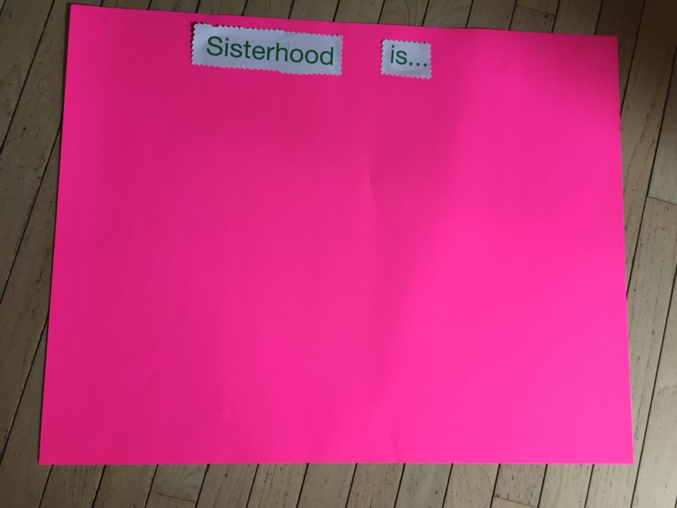 Pink oaktag was usd to make our sisterhood board for the Senior Girl Scout Mission Sisterhood Journey.