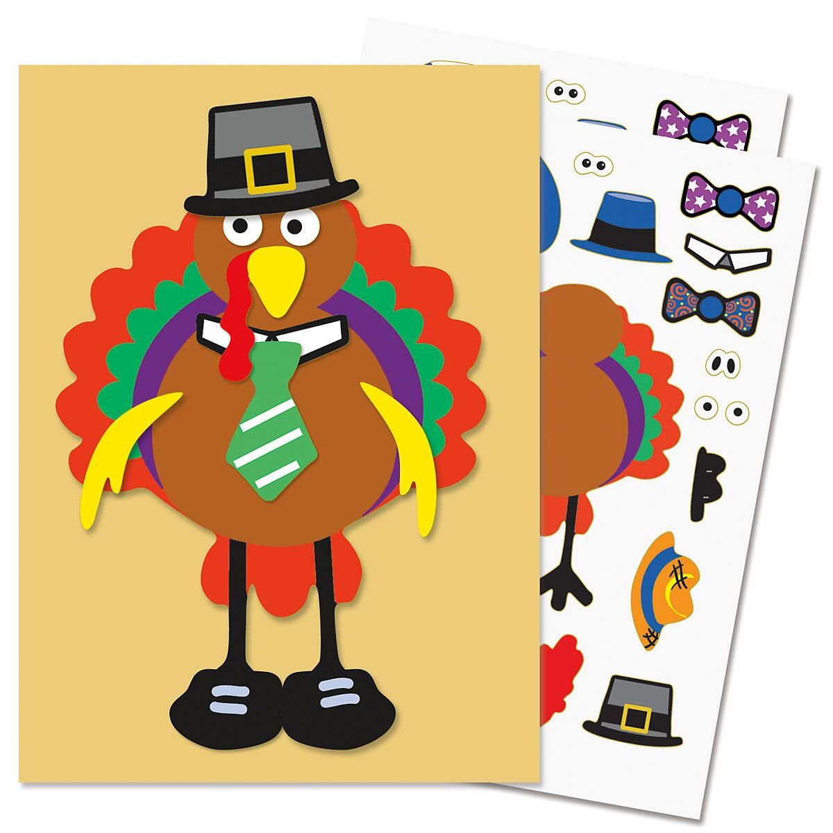 Set of 12 Make a Turkey sticker sheets can be used to make Thanksgiving cards for others.